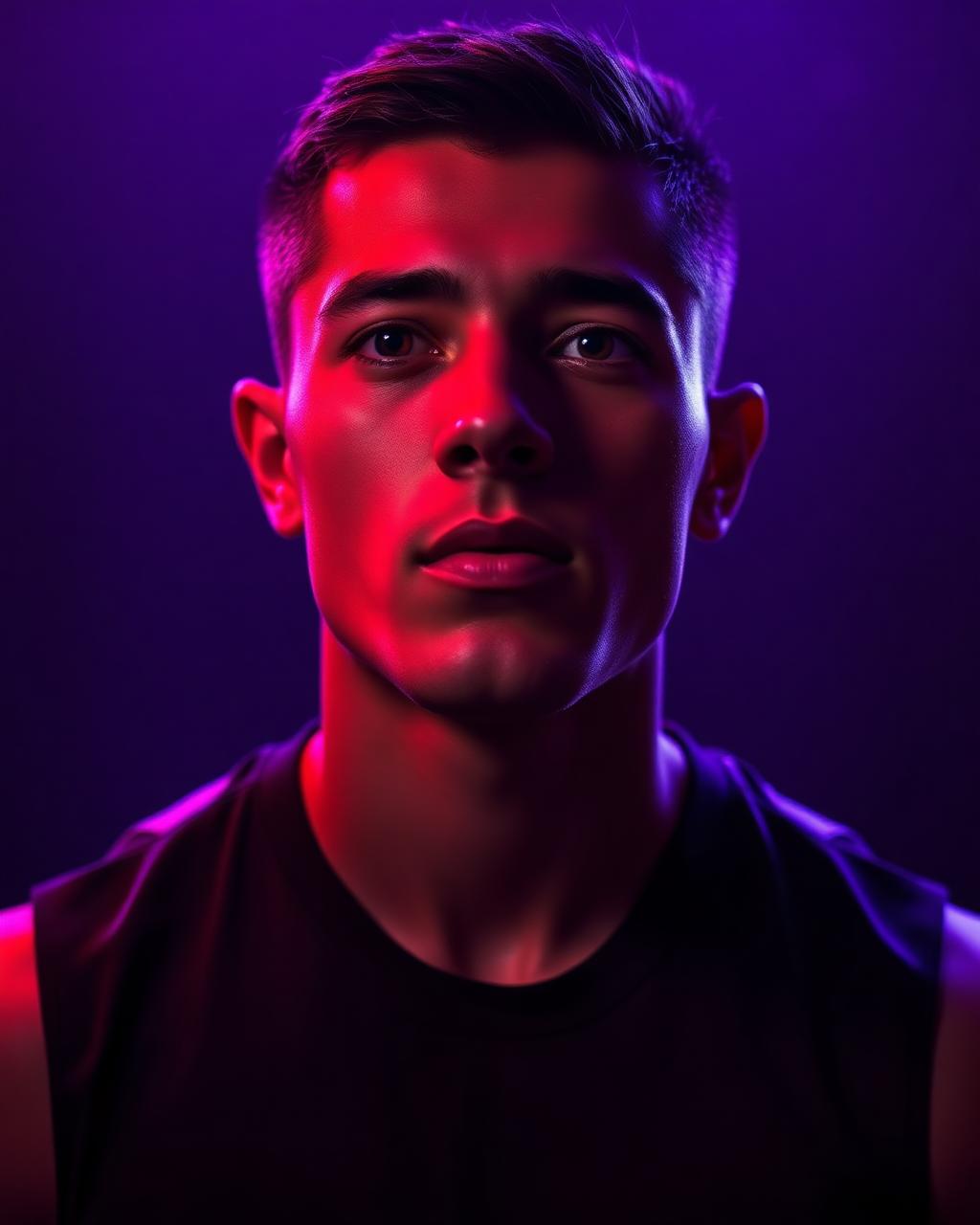 Athlete portrait in violet and crimson light