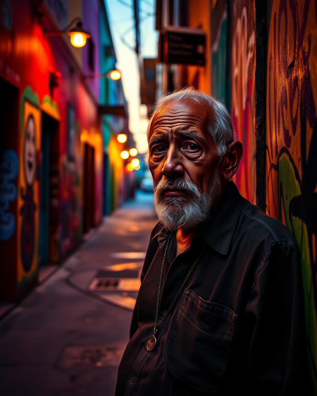 Artist in a painted alley at dusk
