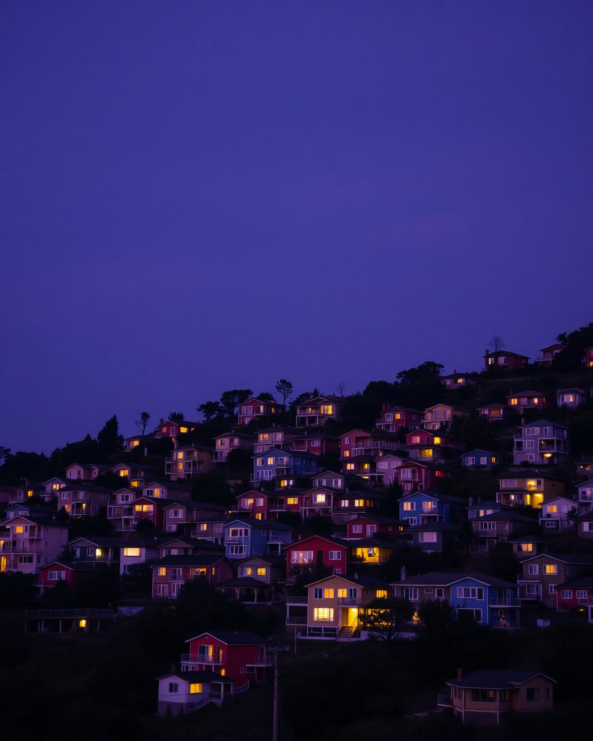 Hillside neighbourhood glowing at dusk