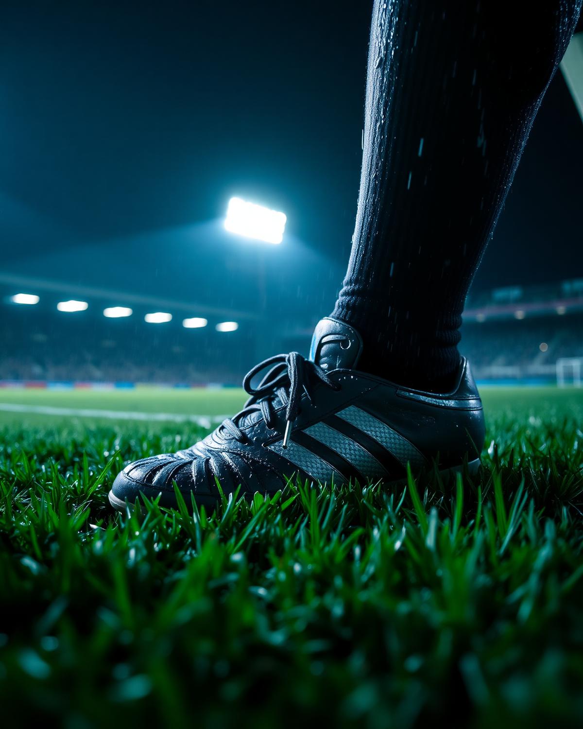 Football boots on floodlit wet grass